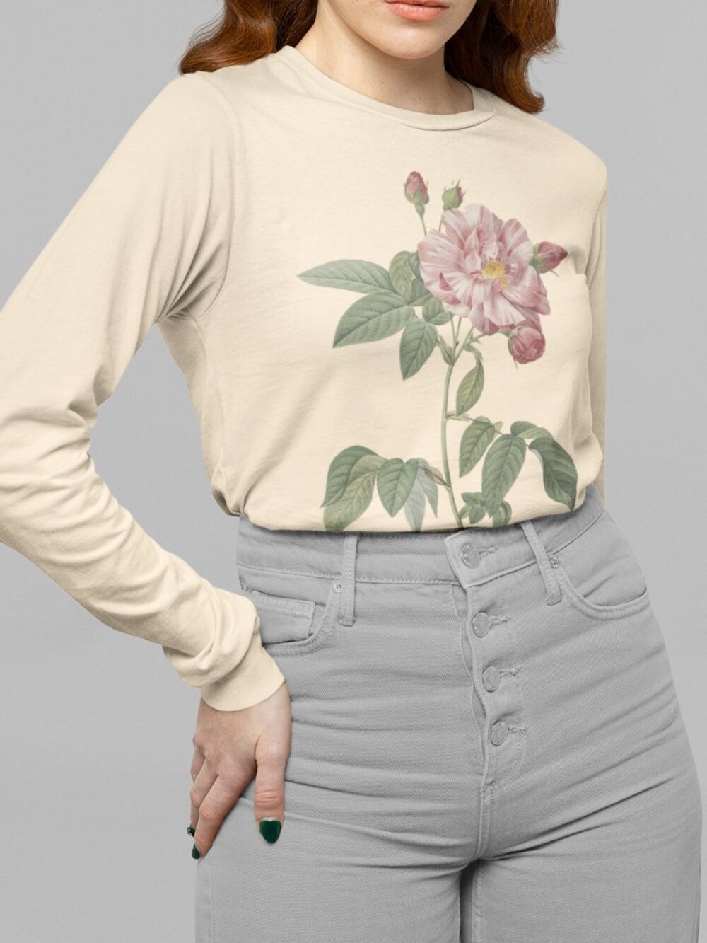 Rose Vintage Floral Print Long Sleeve Graphic Tee T-shirt S-XXL - Picture 1 of 6